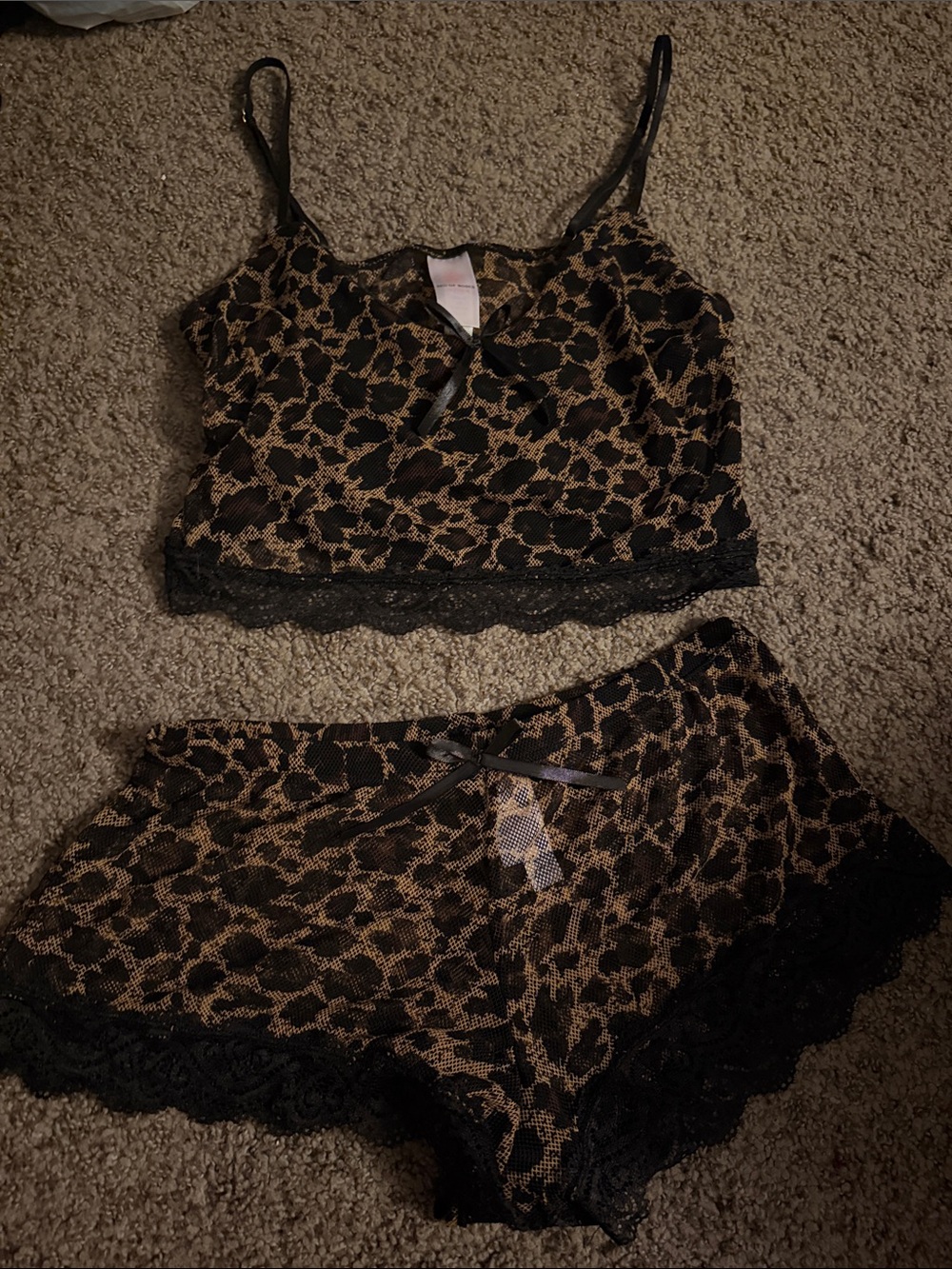 Leopard Lace Bandeau Cami & Shorts Set - Black/Tan